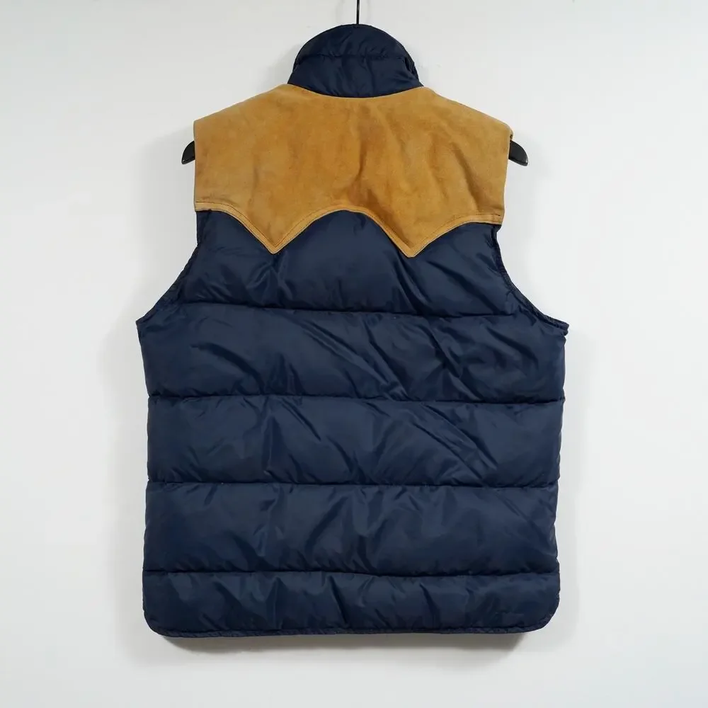 Vintage Woolrich Down Puffer Vest Suede Yoke Navy Brown Men’s Medium - Picture 3 of 11